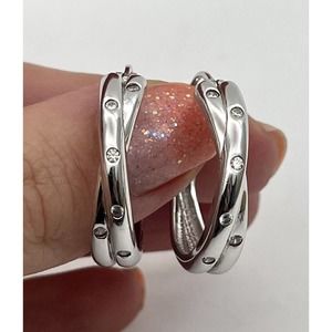 925 Sterling Silver CZ Signed SW Pierced Hoop Earrings Butterfly Back